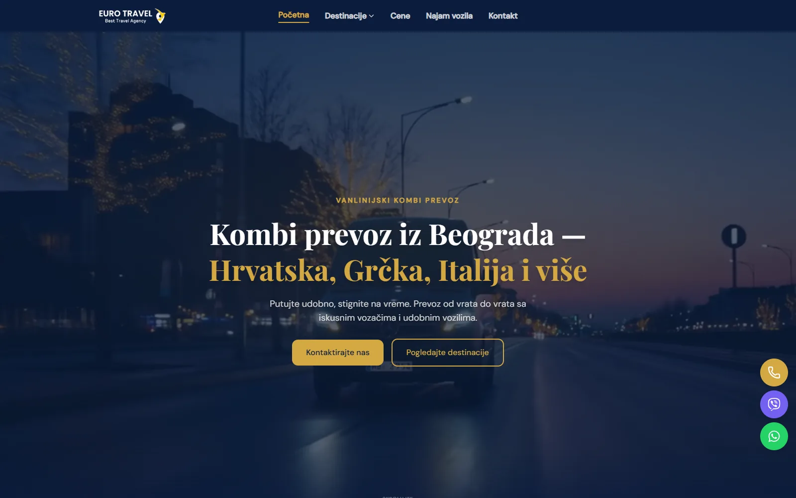 Home page of the passenger van transport website: a headline about transport from Belgrade to Croatia, Greece and Italy, with contact buttons.